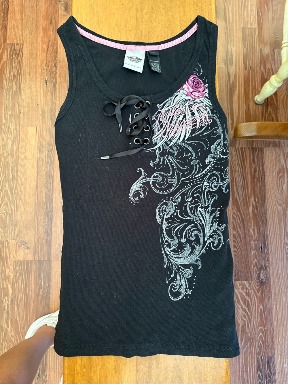 Black Lace-Up Tank Top with Pink Rose and Silver Scroll Accent